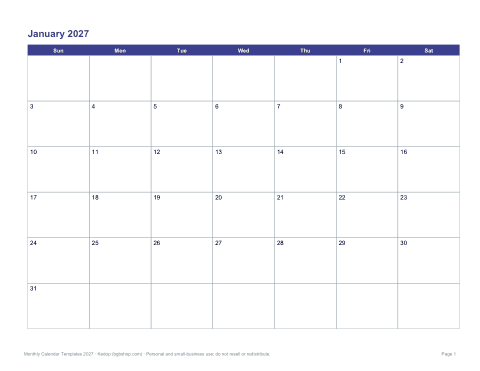 Preview of the first page of 2027 calendar, Sunday start