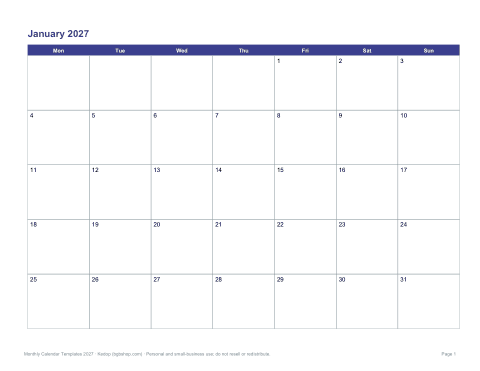Preview of the first page of 2027 calendar, Monday start