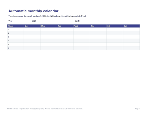 Preview of the first page of Automatic Excel calendar (XLSX)