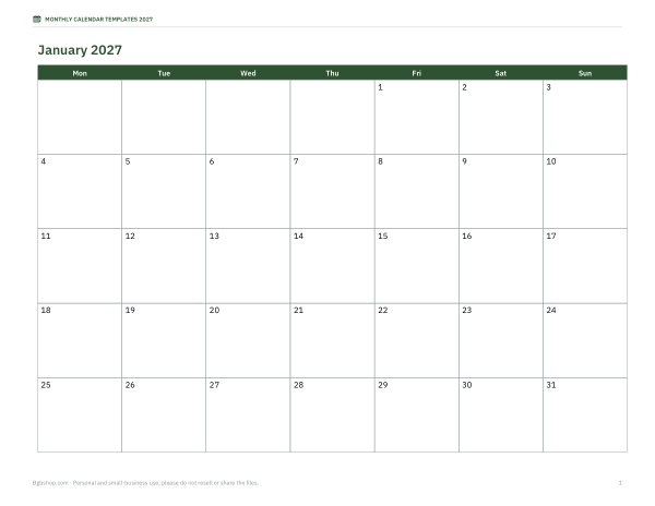 Preview of Printable 2027 Monthly Calendar