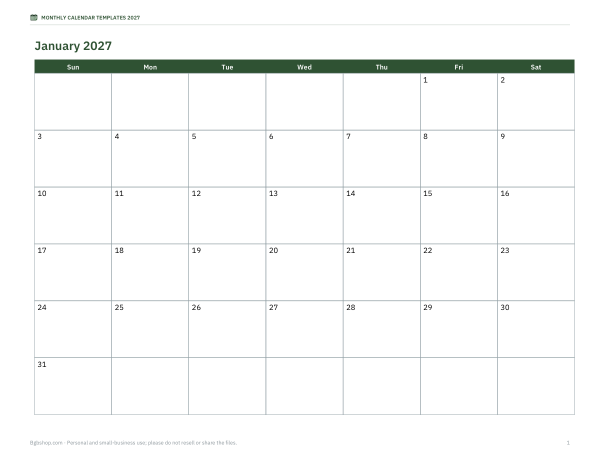 Preview of Printable 2027 Monthly Calendar