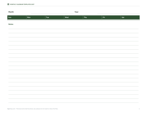 Preview of Printable Undated Monthly Calendar Grid
