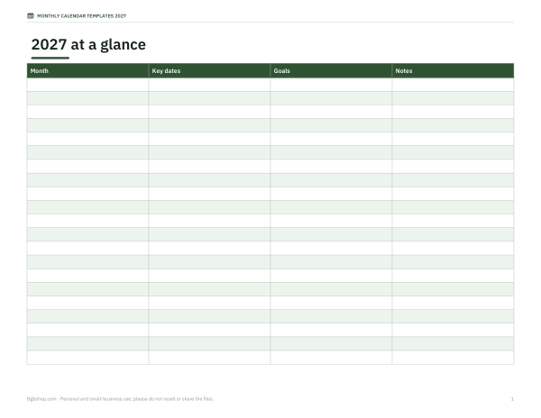 Preview of Printable 2027 Year-at-a-Glance Planner